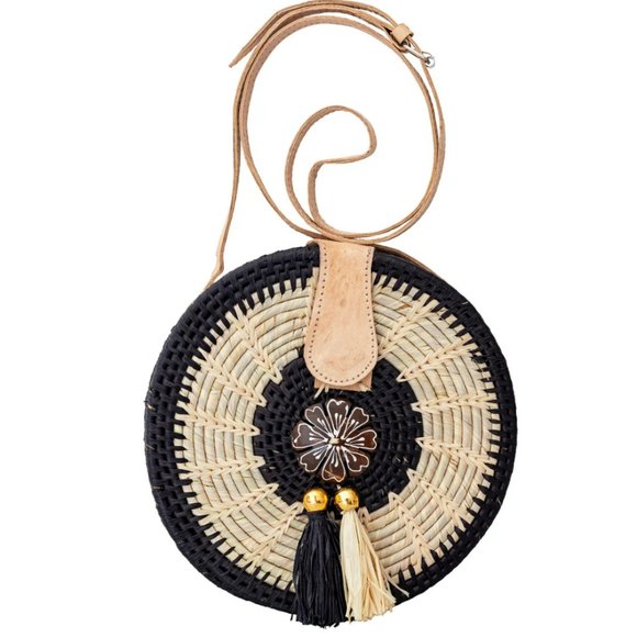 Brand New Handwoven Round Rattan Bag Shoulder Leather Straps Boho Chic - Picture 8 of 9